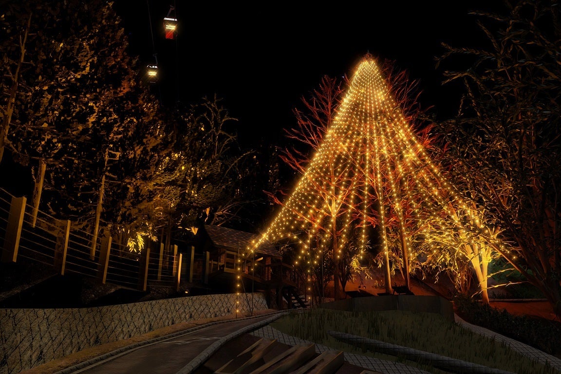 11/18（金）神戸布引ハーブ園の新たなクリスマスのシンボル「森のクリスマスツリー」（高さ約25m）の点灯セレモニーを開催。森の中、夜空にそびえ立つ巨大ツリーと周辺の森が幻想的に浮かびあがります。