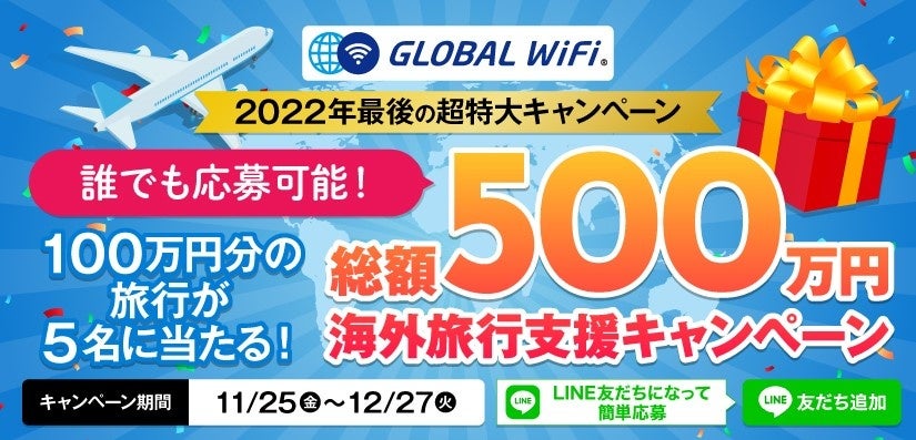 「グローバルWiFi®」100万円の旅が5名様に当たる『海外旅行支援キャンペーン』を実施