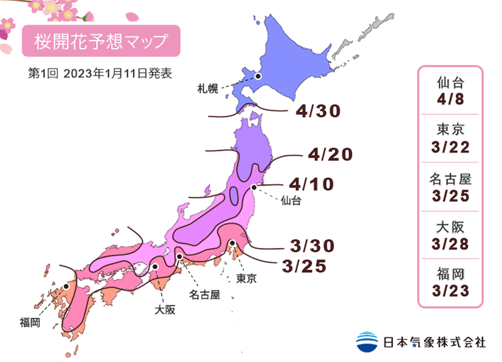 2023年「第1回桜の開花・満開予想」を発表　
開花一番乗りは東京などで3月22日！
全国的に平年並みか平年より遅い予想