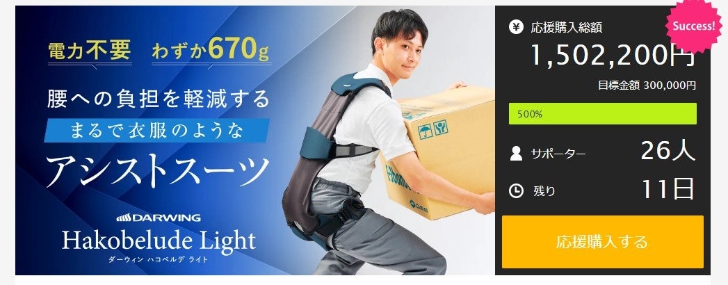 【Makuake（マクアケ）500％達成！】衣服のように軽く装着しやすいアシストスーツ「DARWING Hakobelude  Light（ダーウィン ハコベルデ ライト）」残り1週間！