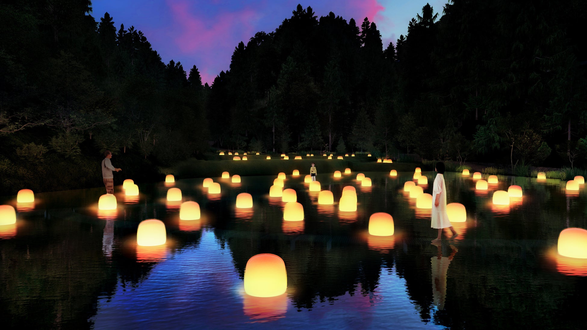 夜の森のミュージアム「チームラボ 幽谷隠田跡」が、茨城・五浦にオープン。森に隠された谷の棚田跡が、光のアート空間に。2024年秋予定