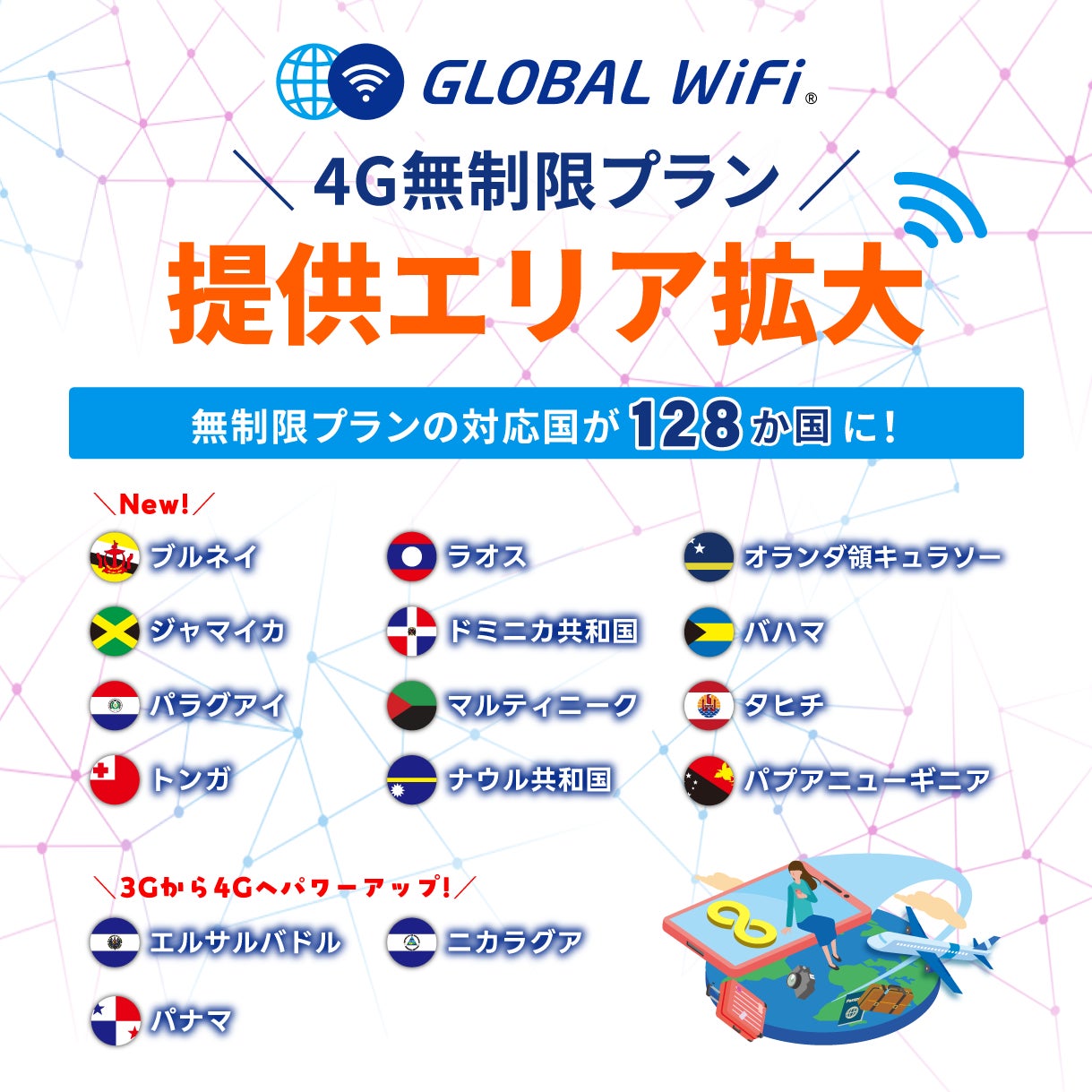 「グローバルWiFi®」データ通信容量を気にせず使える「無制限プラン」の提供エリアを128の国と地域に拡大。