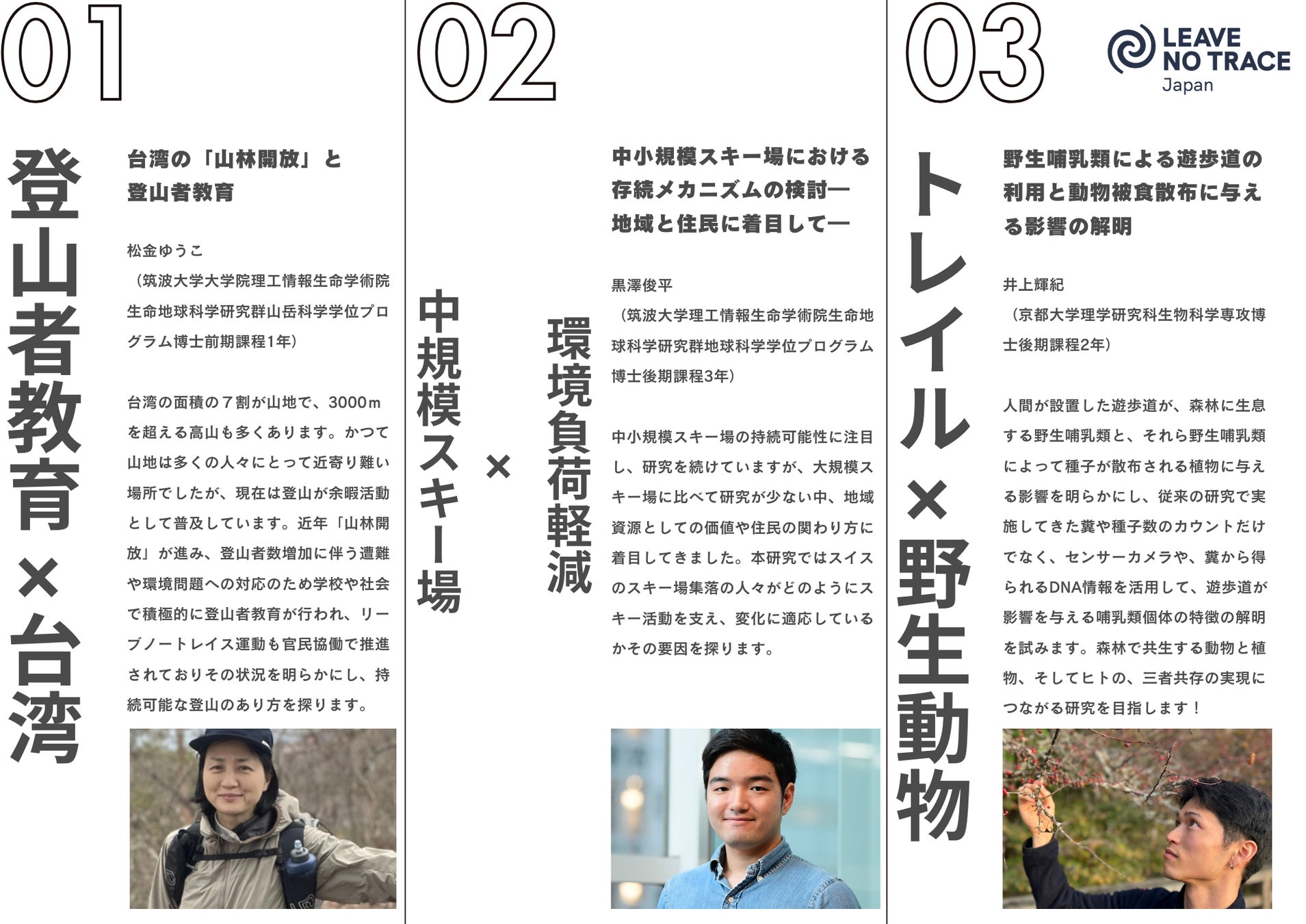 登山教育・スキー場・野生動物をテーマに“自然との共生”を探る。LNT Japanが初の研究助成で3名を選出