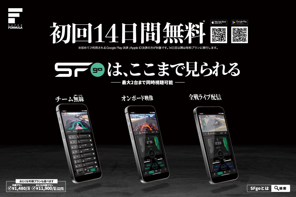 SUPER FORMULA 公式レース視聴アプリ『SFgo エスエフゴー 』 初回14⽇間無料トライアルスタート！ − 推しドライバーのオンボードカメラ映像やチーム無線を視聴し放題！−