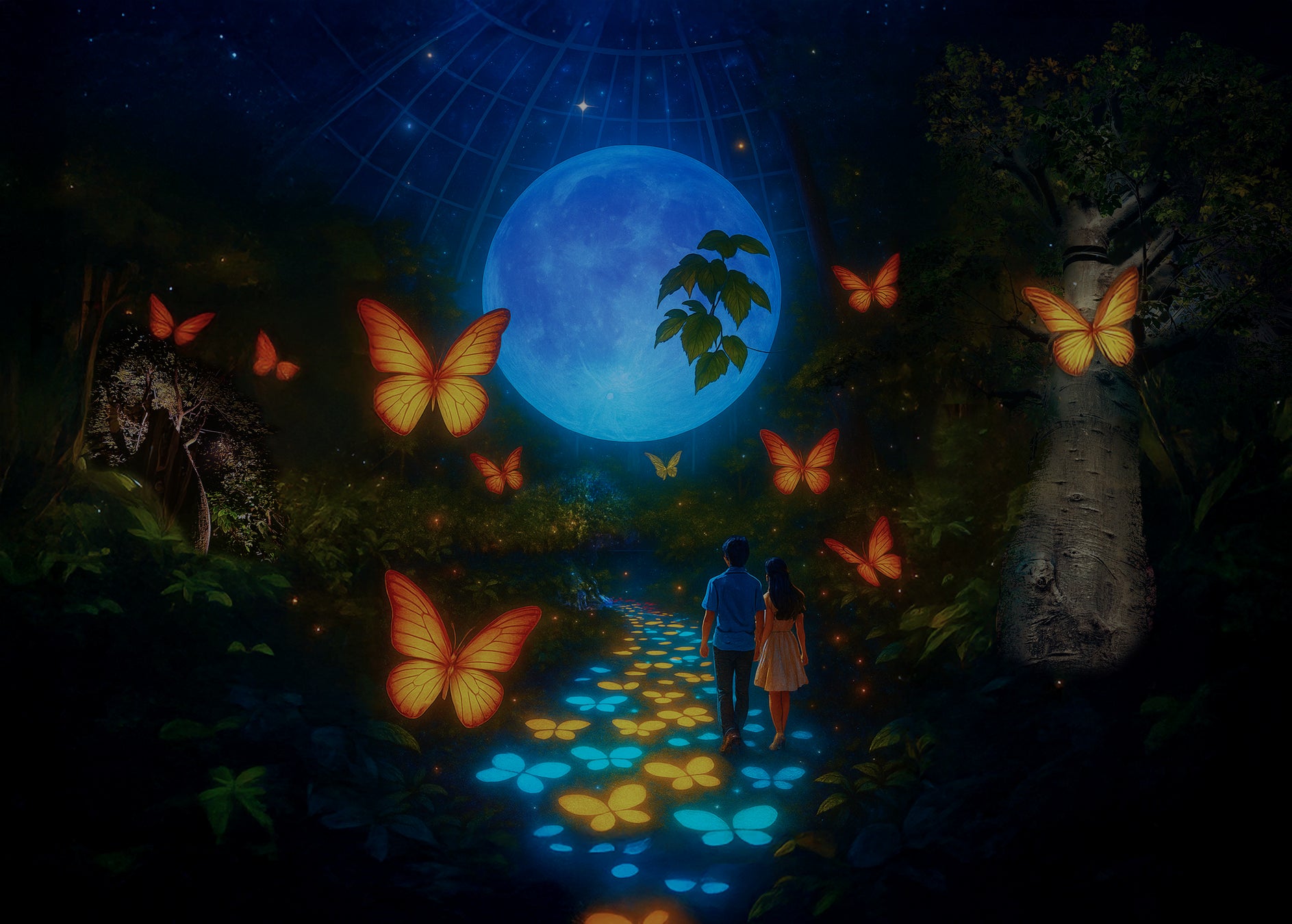 山口宇部に3.5mの満月が出現。光る蝶の新演出と音楽で巡る夜の植物館「TOKIWAナイトミュージアム」11月23日より開催