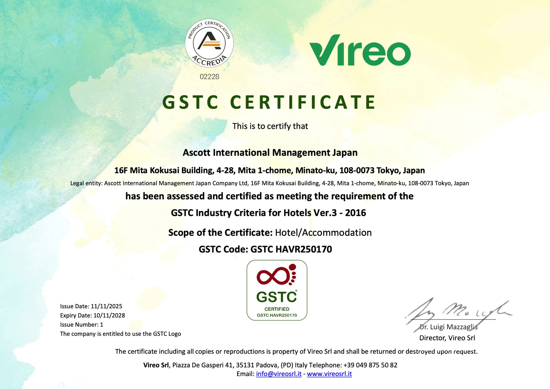 アスコット国内全21プロパティでGSTC認証を取得　ホスピタリティオペレーターとして認証取得プロパティ数国内最多