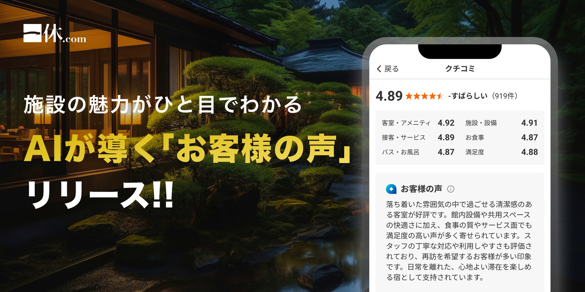 【一休.com】AIで旅の計画をサクサク効率化！「クチコミ要約」機能リリースで施設の魅力が一目瞭然