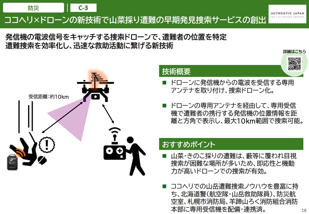 令和7年度ほっかいどうDX促進事業「ソリューションマップ（令和7年12月版）」に、遭難救助サービス「ココヘリ」の“捜索ドローン”技術が掲載