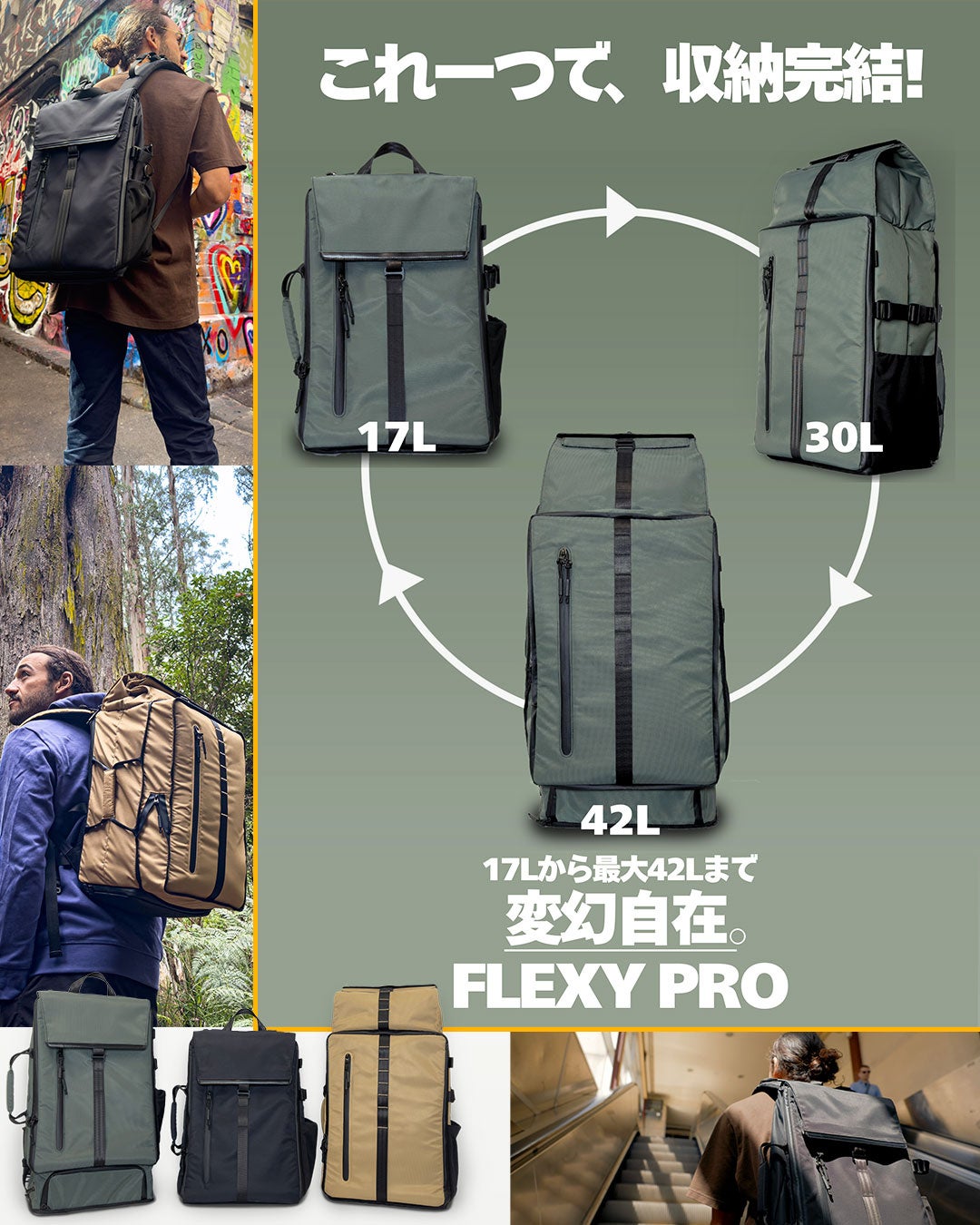 出張から週末まで“これ1つ”。17L→最大42Lに変形するバックパック『FLEXY PRO』Makuake先行販売