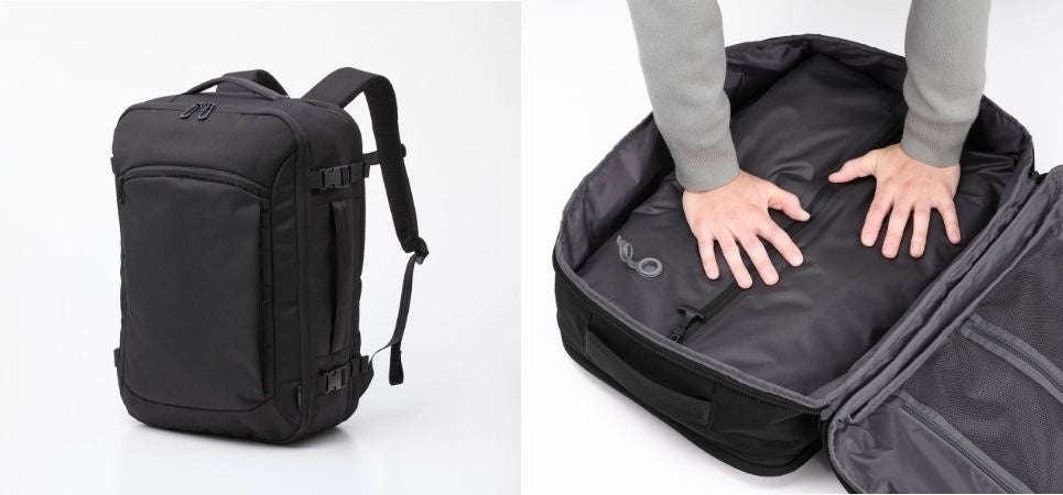 圧縮して、帰路のおみやげスペースを確保！最大約40Lまで拡張でき、出張や旅行に便利な真空圧縮＋拡張トラベルバックパックを新発売