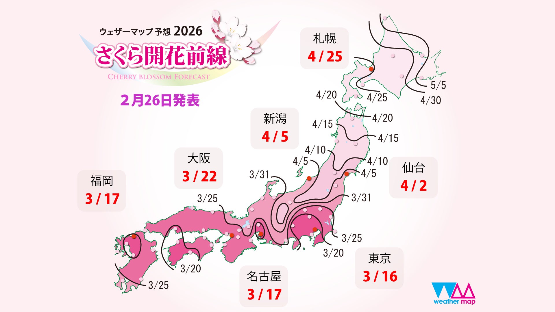 2026年第五回「さくら開花予想」ウェザーマップ発表平年より早いところが多く、東日本を中心にかなり早い予想全国で最初の開花は東京で3月16日頃