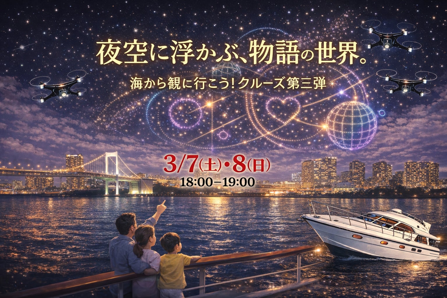 3月7日・8日、お台場の夜空を彩る話題のドローンショー！　　　　夜空に浮かび上がる、誰もが知る物語の世界。「海から観に行こう！クルーズ」第三弾を運航