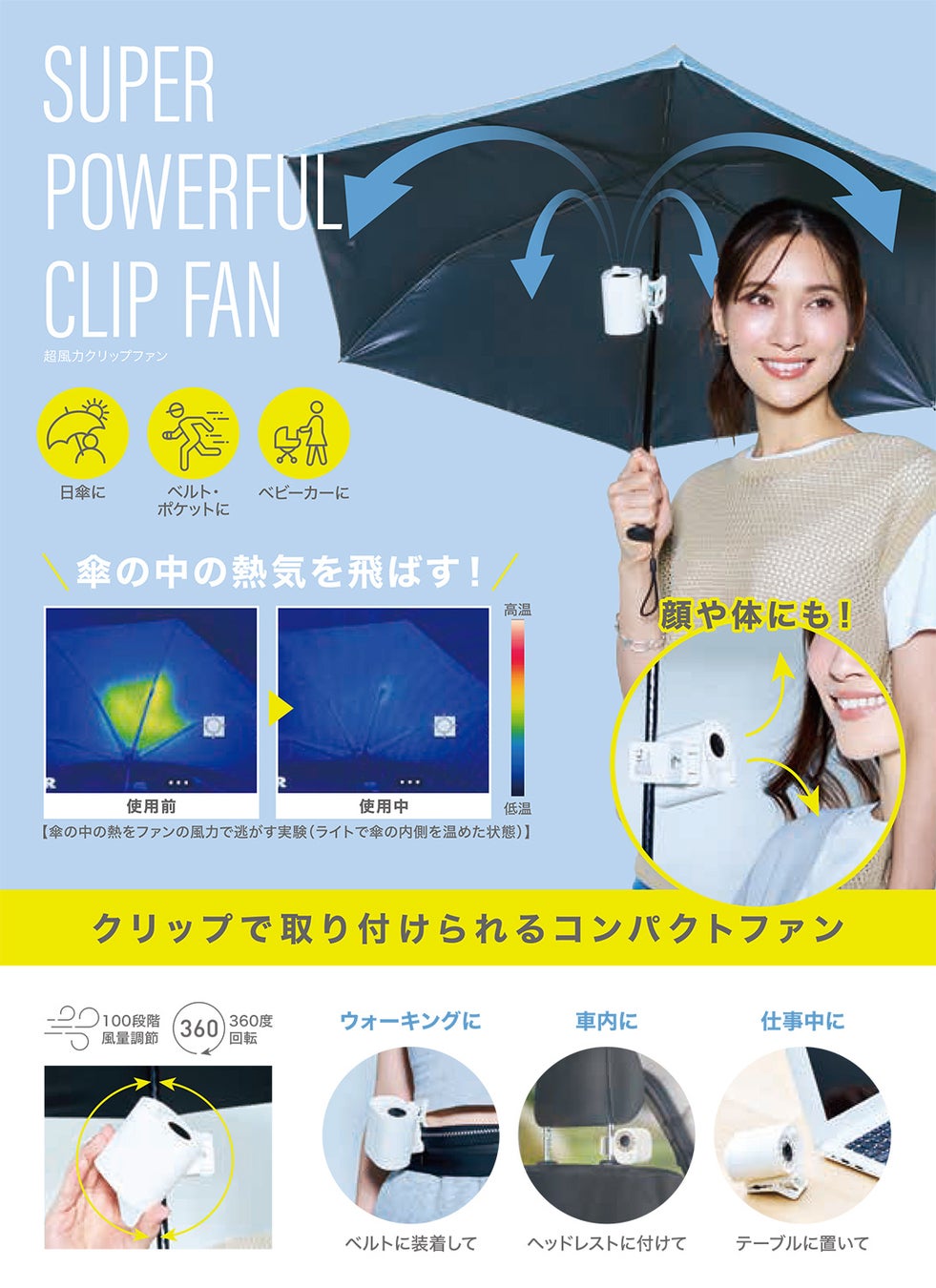 傘の中が、快適。涼しい。クリップで取り付けられるコンパクトファン「超風力クリップファン」を3月2日より発売