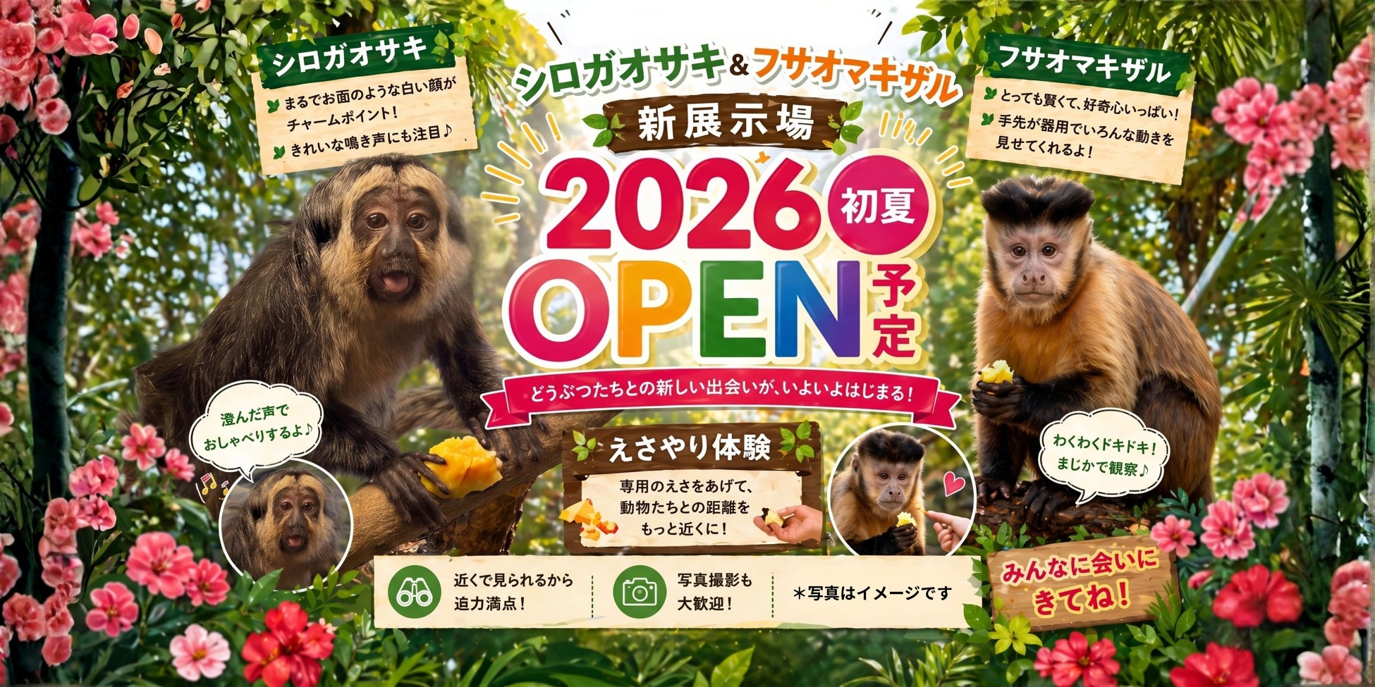 【伊豆シャボテンリゾート株式会社50周年記念事業】伊豆シャボテン動物公園に新エリア誕生！シロガオサキとフサオマキザルが暮らす 『モンキーテラス』、ヒトコブラクダが仲間入り 『ふれあい乗馬牧場』