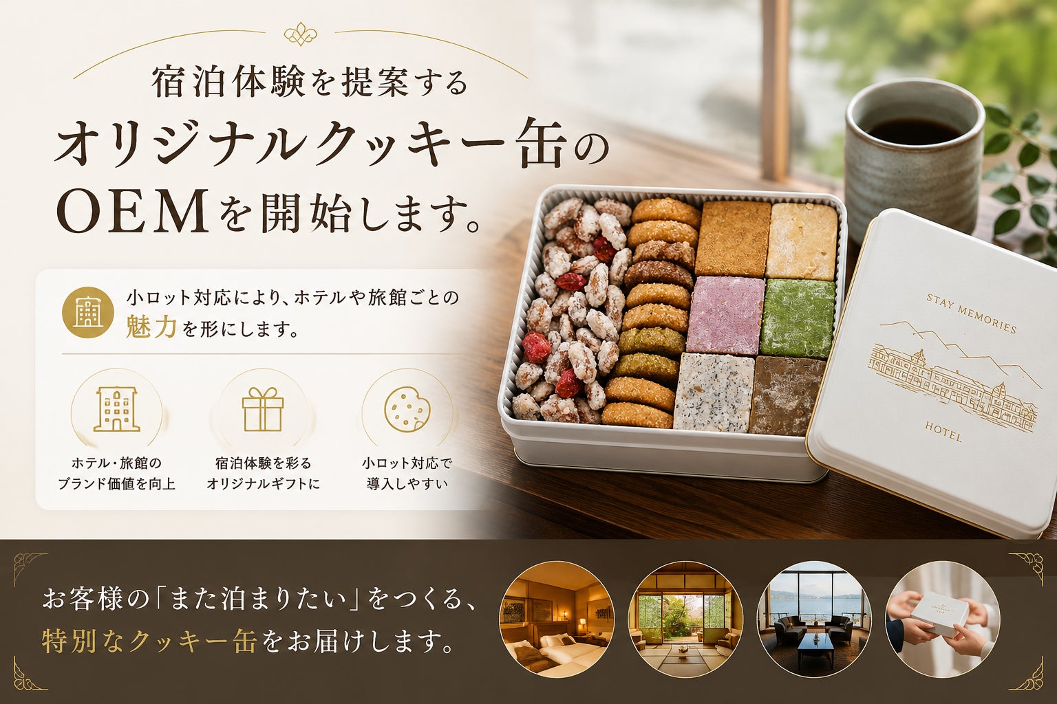 宿泊体験を提案するオリジナルクッキー缶のOEMを開始します。 小ロット対応により、ホテルや旅館ごとの魅力を形にします。