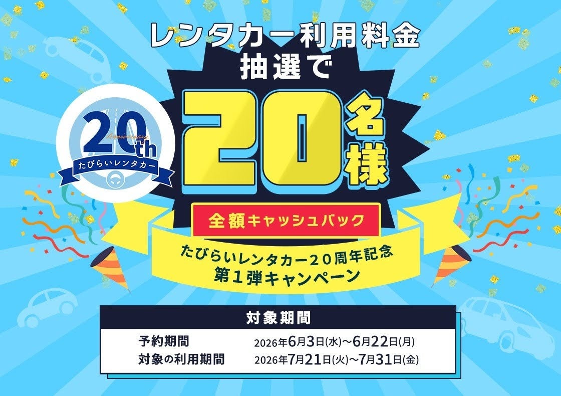 たびらいレンタカー20周年記念「第1弾全額キャッシュバックキャンペーン」開催