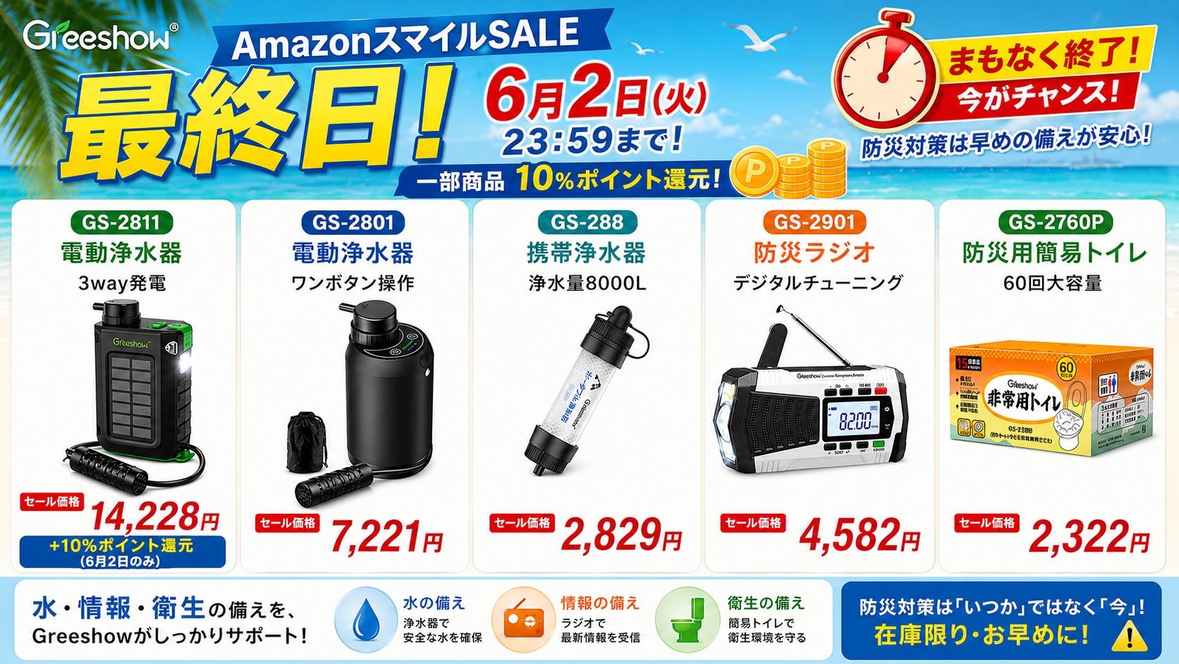 【AmazonスマイルSALE最終日】防災用品の備蓄は間に合っていますか？Greeshow人気防災シリーズ 携帯浄水器・防災ラジオが6月2日23:59まで特価販売