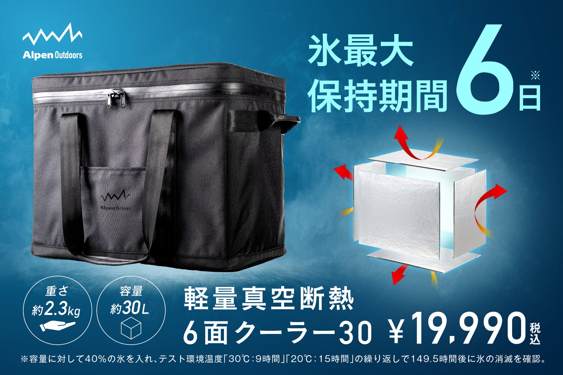 氷が6日間溶けきらない。重量わずか2.3kg。アルペンアウトドアーズ「軽量真空断熱6面クーラー30」6月19日(金)発売
