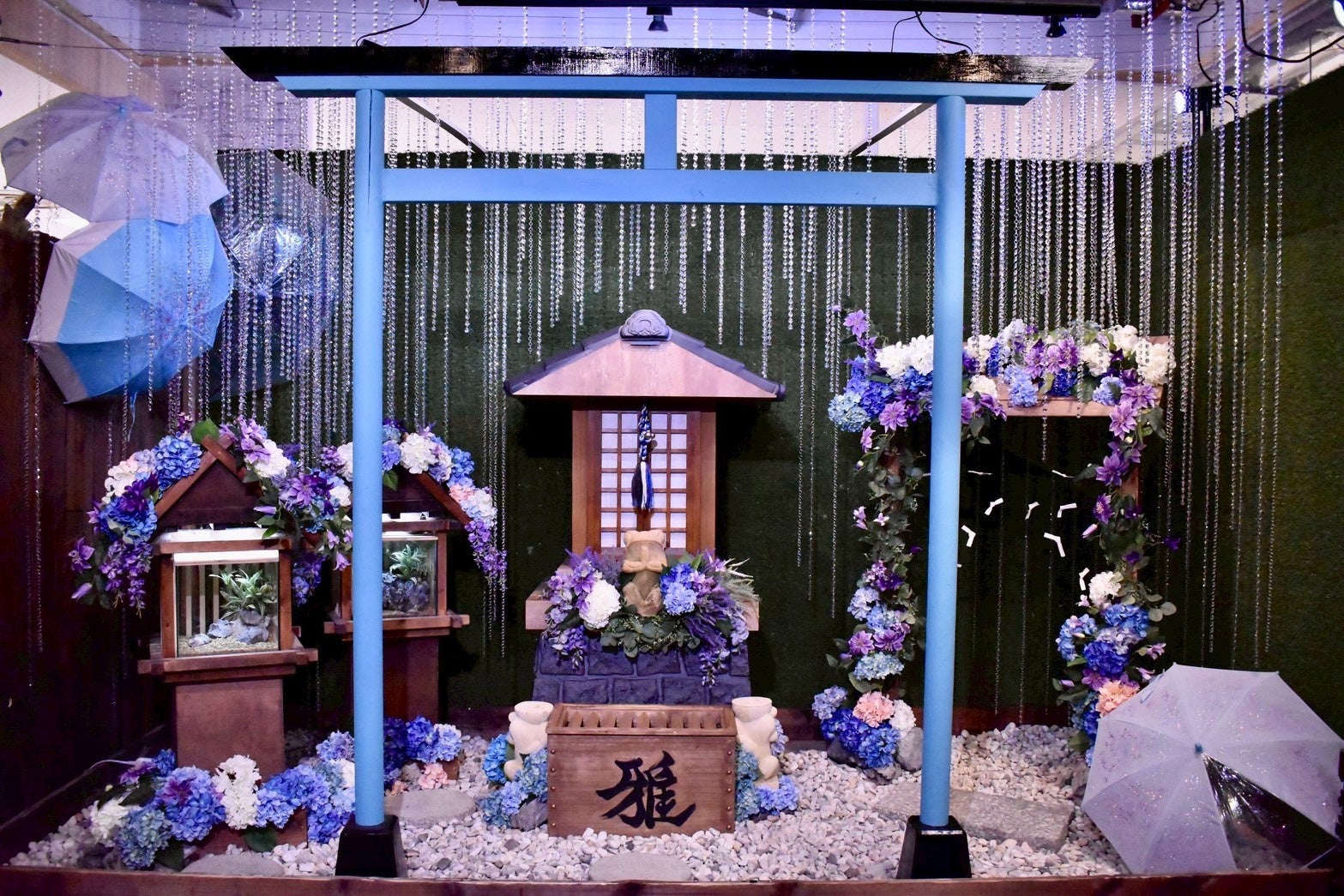 6月6日「カエルの日」、奈良いきものミュージアムにて梅雨限定「カエル神社」開催！雨と紫陽花に彩られた青い鳥居の奥で、カエルたちがお出迎え。