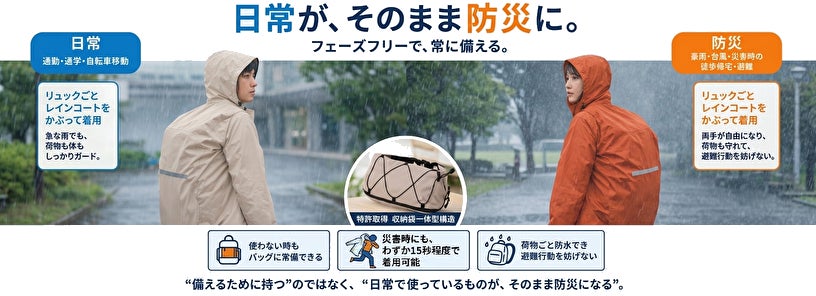 “日常がそのまま防災になる”新発想のフェーズフリー防災雨具。リュックに装着できる収納袋一体型レインコート「雨用心」を公式オンラインショップにて予約受付を開始いたしました。