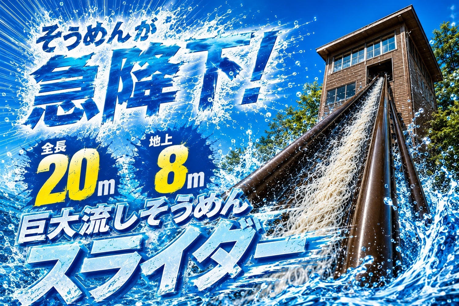 【兵庫県宍粟市】全長20m・地上約8mからそうめんが流れる！夏限定「巨大流しそうめんスライダー体験」登場〈ウッドデザインパーク与位〉