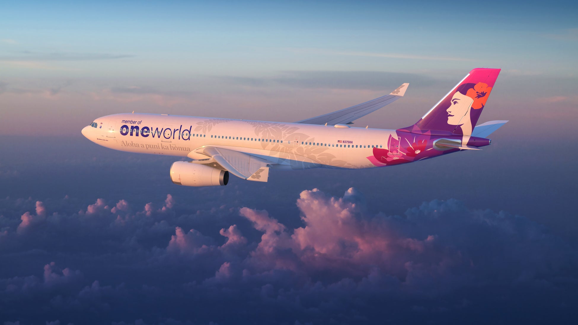 ハワイアン航空、oneworld®特別塗装機を公開　機体にハワイ語で「世界中にアロハをお届け」を表現