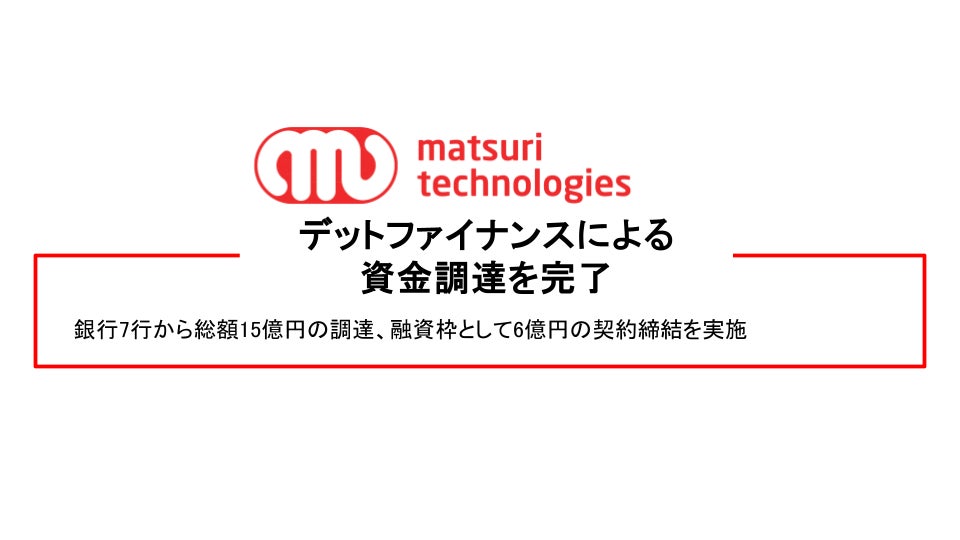 【デットファイナンスによる資金調達を完了】銀行7行から総額15億円の調達、融資枠として6億円の契約締結を実施し、事業拡大の取り組みに向けて財務基盤を強化