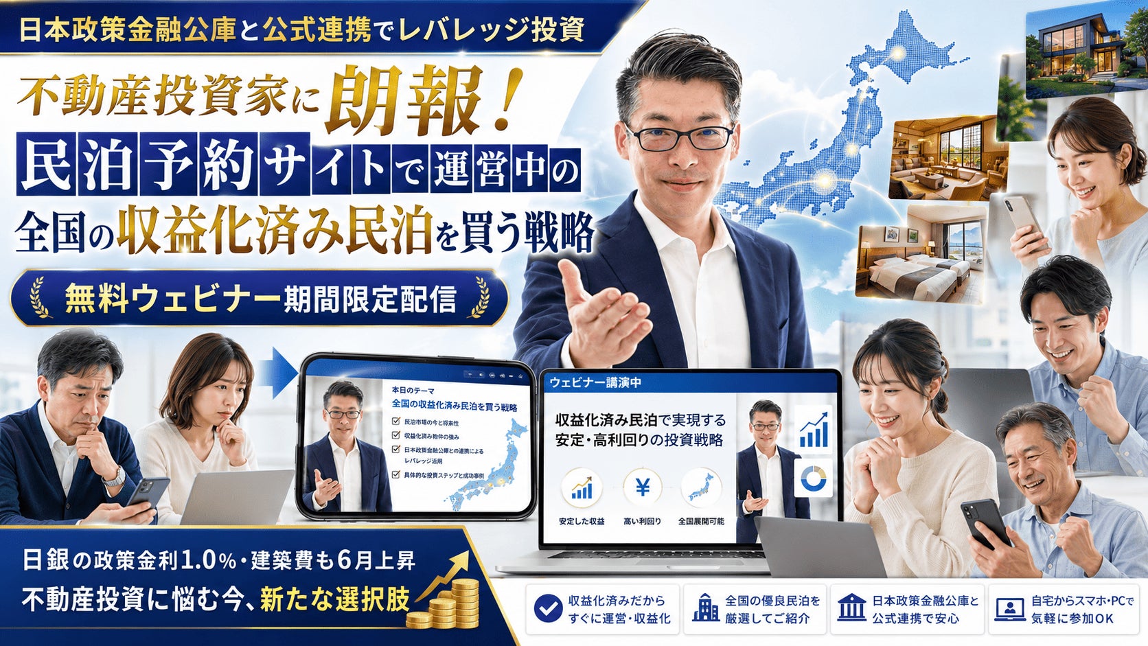 日銀の政策金利1.0％・建築費も6月上昇。不動産投資の総事業費が膨らむ今、元銀行マンが「収益化済み民泊M&A」を解説する無料ウェビナーを7月20日より期間限定公開