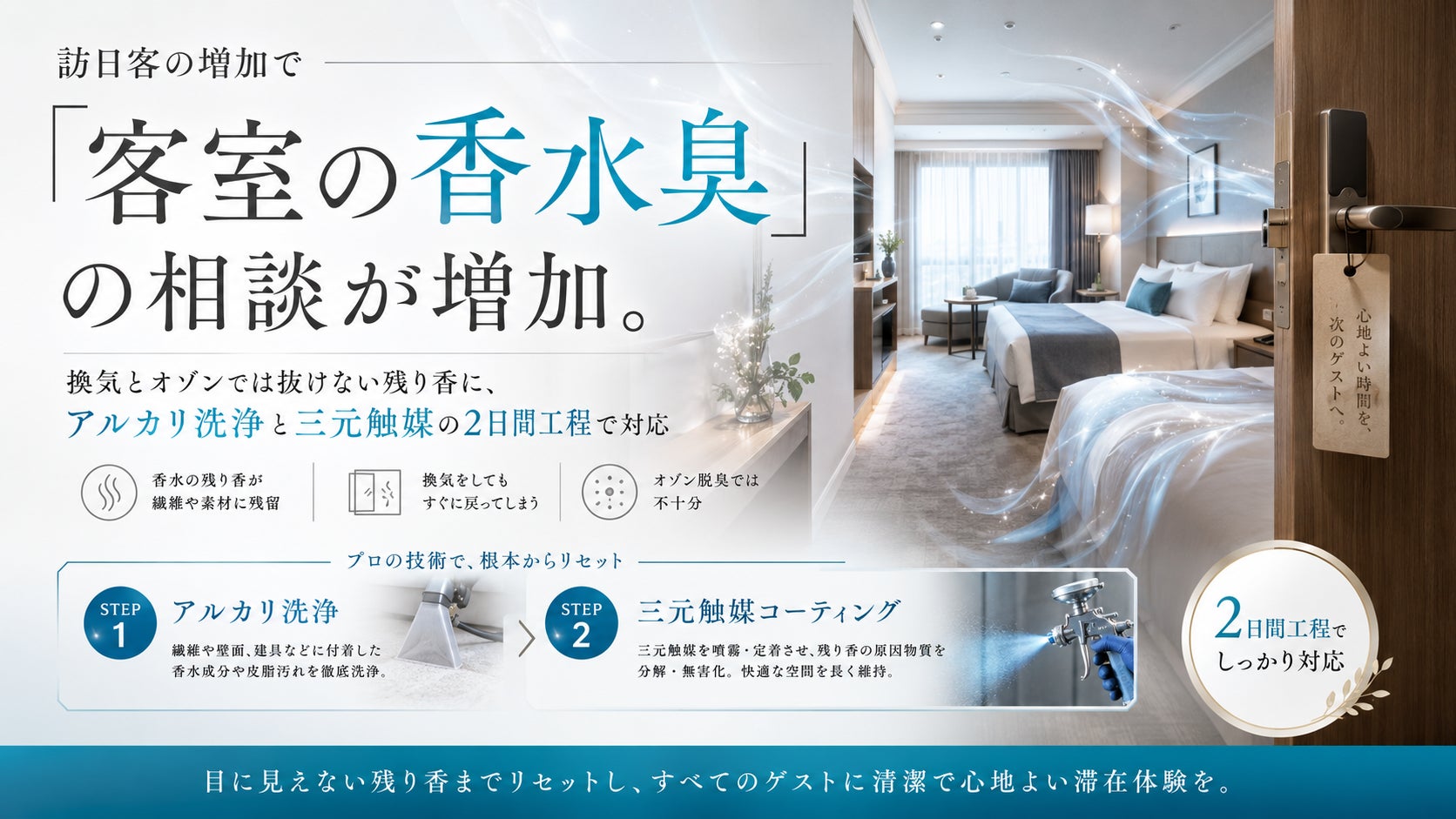 客室の香水臭対策を本格提供開始。オゾンでは残るミドル・ラストノートに、アルカリ洗浄と三元触媒の2日間工程で対応