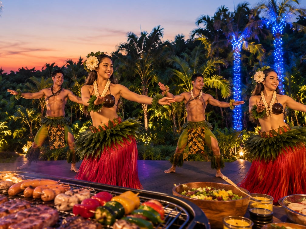 沖縄の夜を彩る、南国リゾートのポリネシアンダンス。8月限定でテラスBBQと楽しむ夏のディナー体験を開催｜沖縄・ラグナガーデンホテル