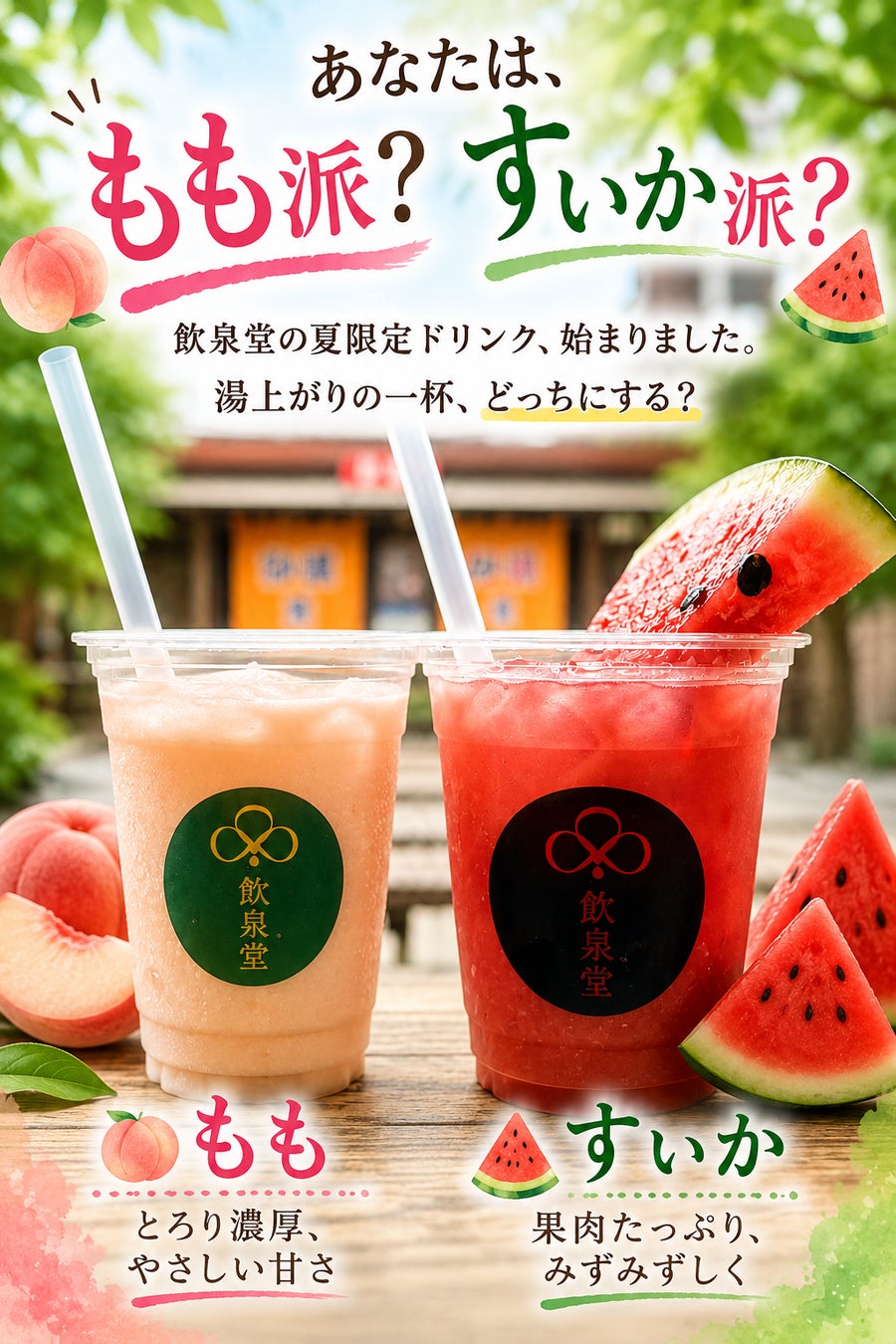 湯上がりに、桃をまるごと一杯。ひょうたん温泉「飲泉堂」、夏限定ドリンク「もも」新登場