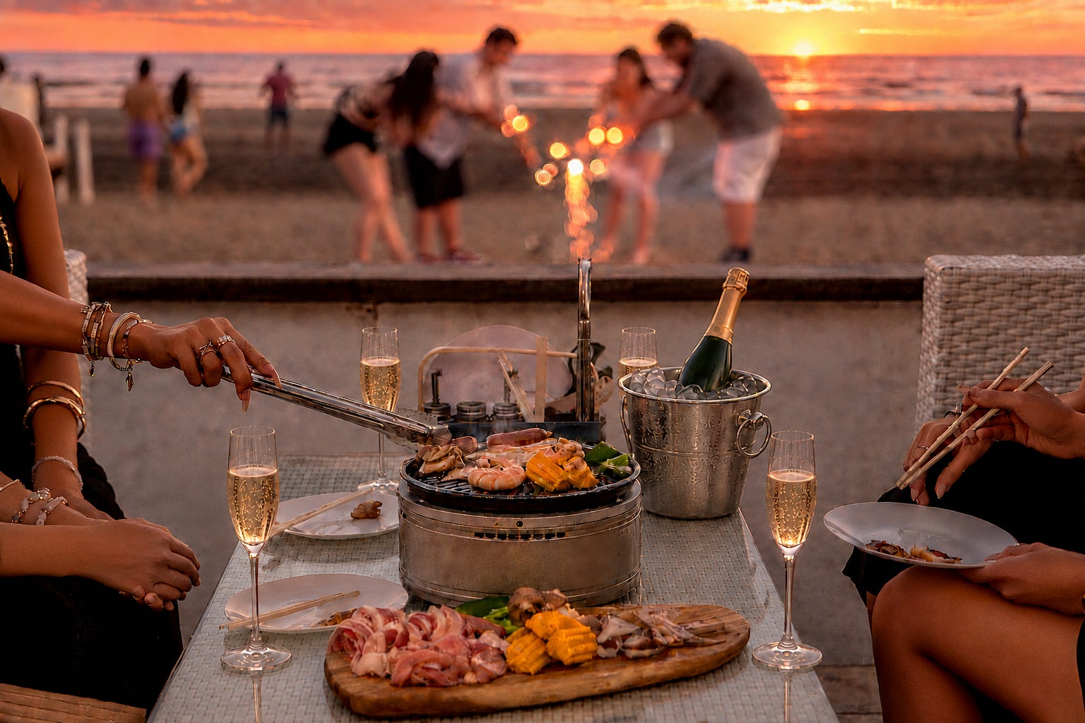 鎌倉・由比ヶ浜の海の家「BBQ SEASIDE LOUNGE」酷暑の昼間を避けて、アフター6を更に楽しめる限定の新クーポン誕生！ 8名様以上でスパークリングワイン1本、16名様以上で2本をプレゼント