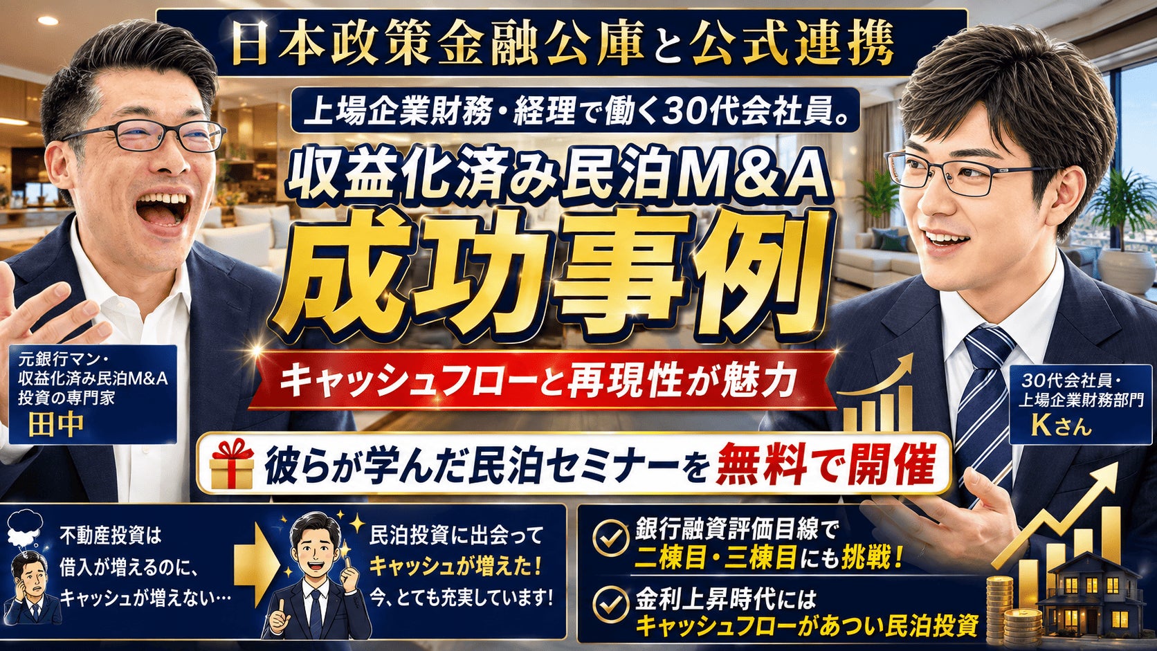 金利上昇時代に考える「毎月の現金収入」30代・40代会社員、60代の実例から学ぶ「収益化済み民泊M&A」無料セミナーを8月25日開催。不動産投資・NISA・副業よりも民泊投資を選ぶ人が増えている理由