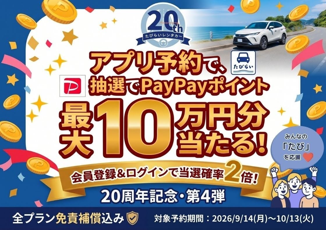 【たびらいレンタカー20周年記念・第4弾】アプリ予約で抽選で最大10万円分のPayPayポイントが当たる