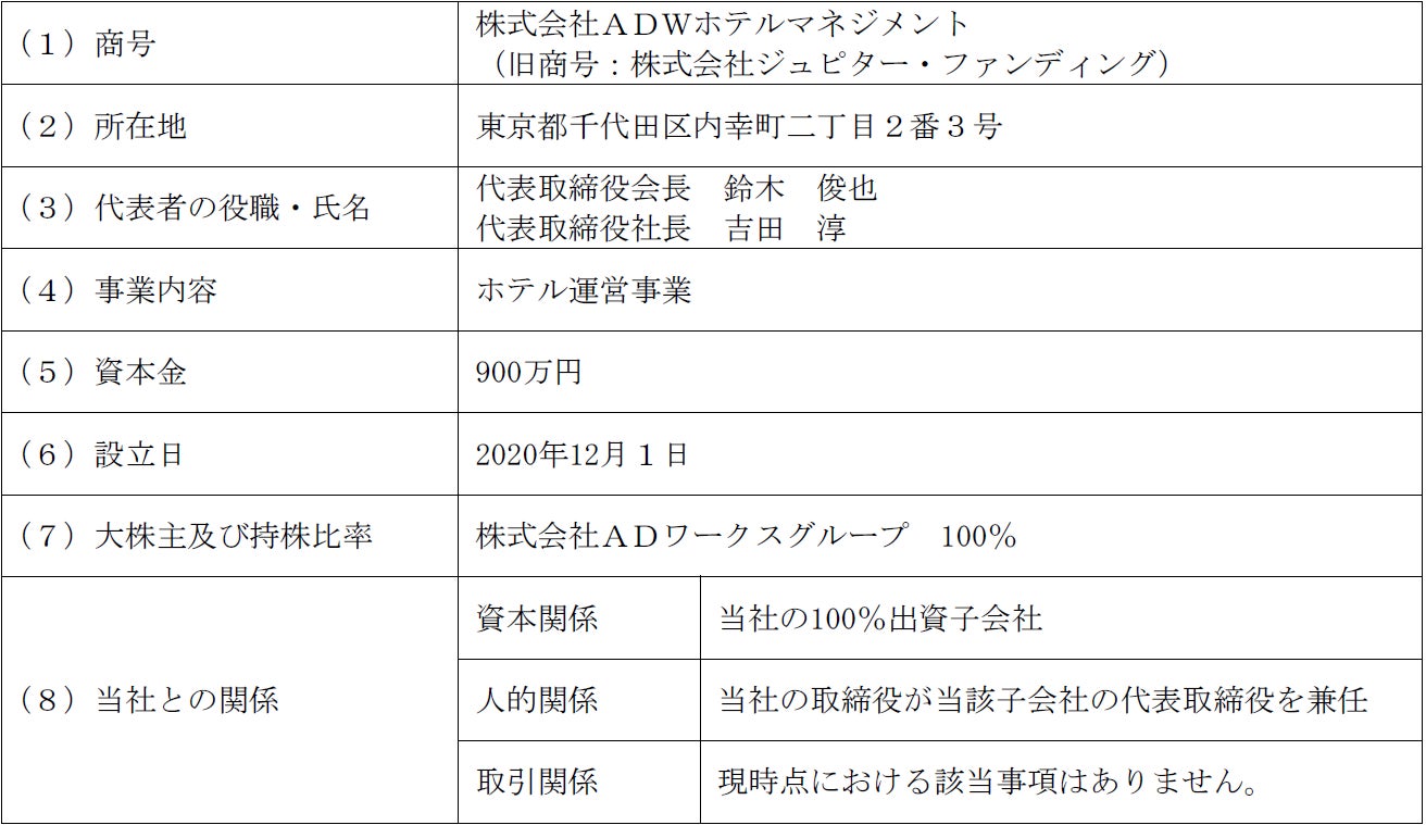 連結子会社におけるホテル運営事業の開始に関するお知らせ